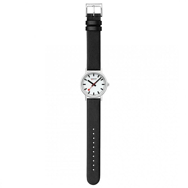 Mondaine Classic Polished 36mm Black Vegan Grape Leather Strap Watch
