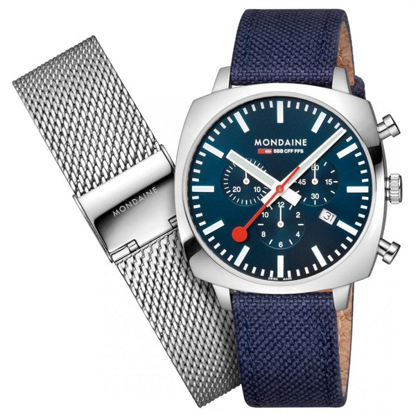 Mondaine Cushion 41mm Blue Dial Grand Square Watch