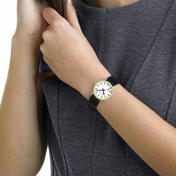 Mondaine Ladies Classic 30mm Black Vegan Grape Leather Watch
