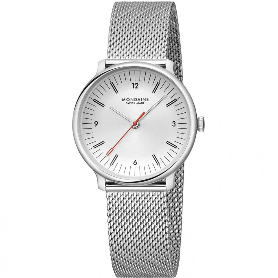 Mondaine Ladies Doppio White Dial Mesh Bracelet Watch