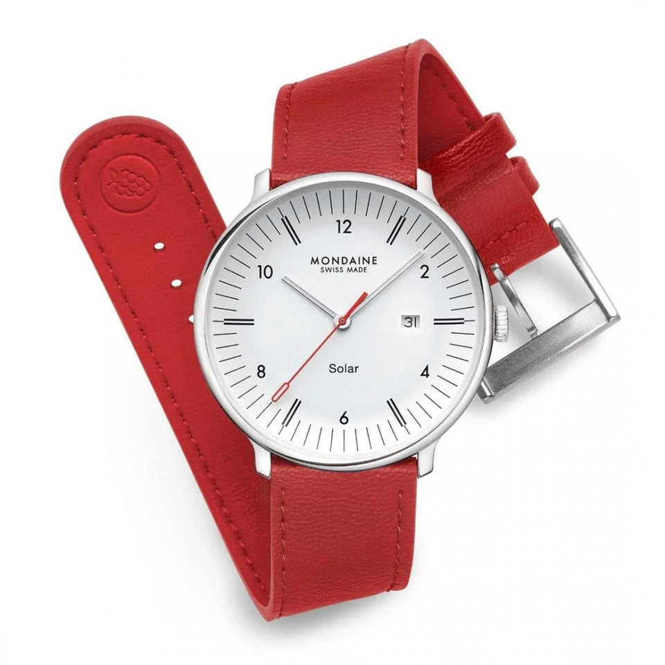 Mondaine Men's Doppio 41mm Red Vegan Leather Watch