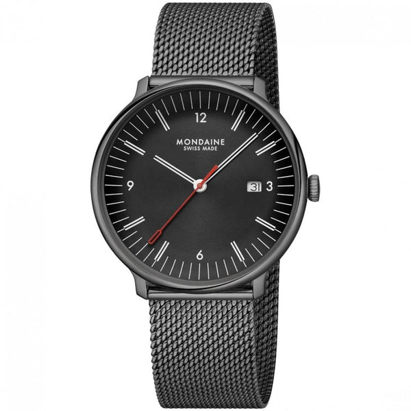 Mondaine Men's Doppio Black Dial Mesh Bracelet Watch