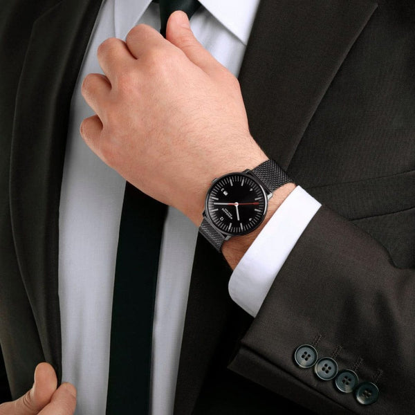 Mondaine Men's Doppio Black Dial Mesh Bracelet Watch