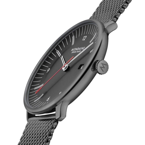 Mondaine Men's Doppio Black Dial Mesh Bracelet Watch