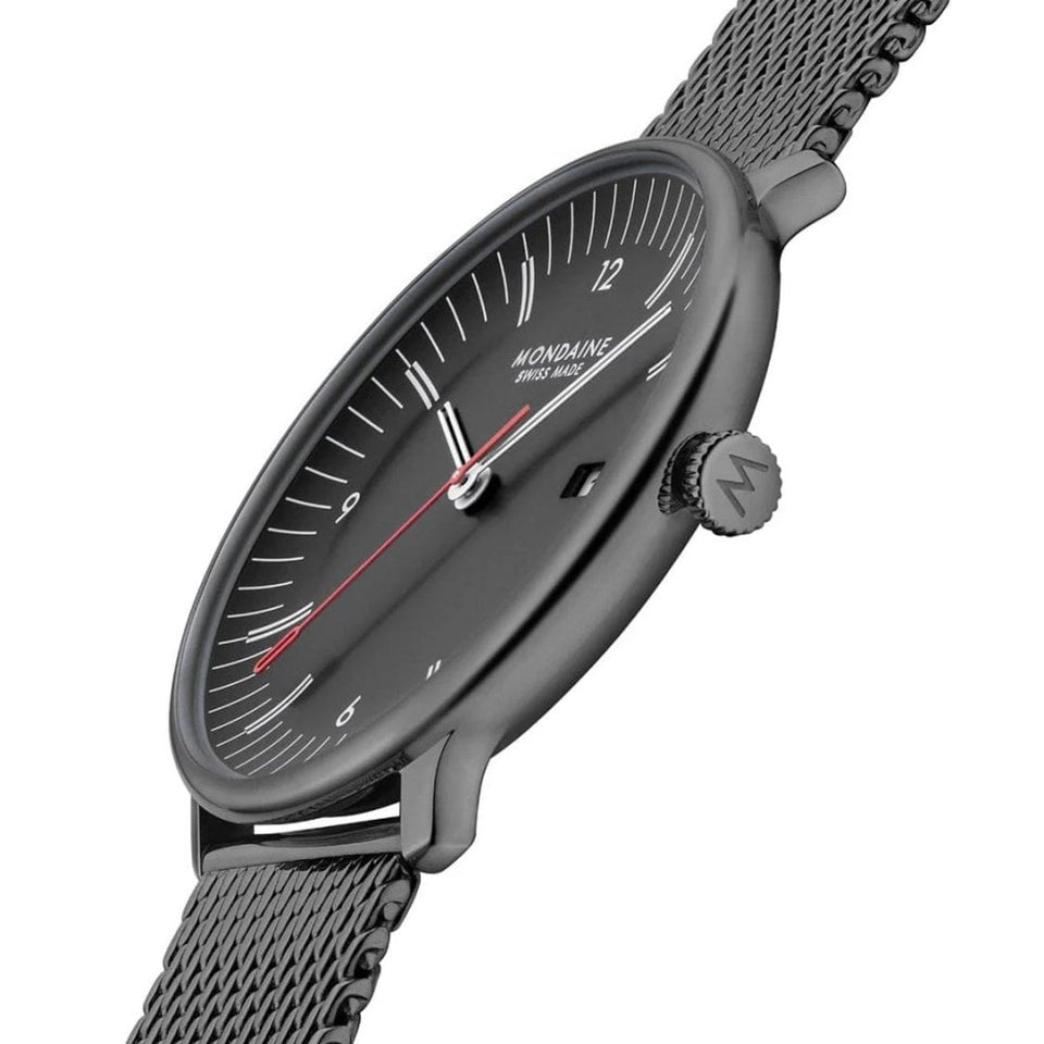 Mondaine Men's Doppio Black Dial Mesh Bracelet Watch