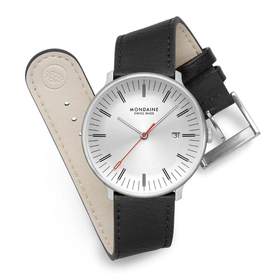 Mondaine Men's Doppio Black Vegan Grape Leather Watch