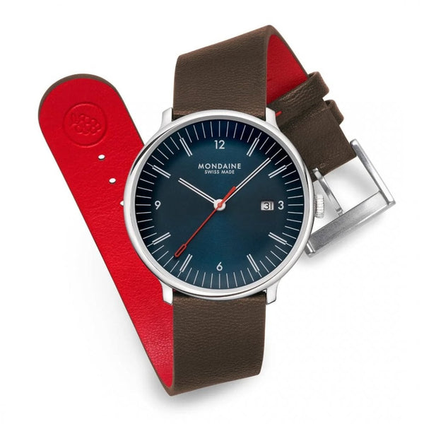 Mondaine Men's Doppio Blue Dial Brown Vegan Leather Watch