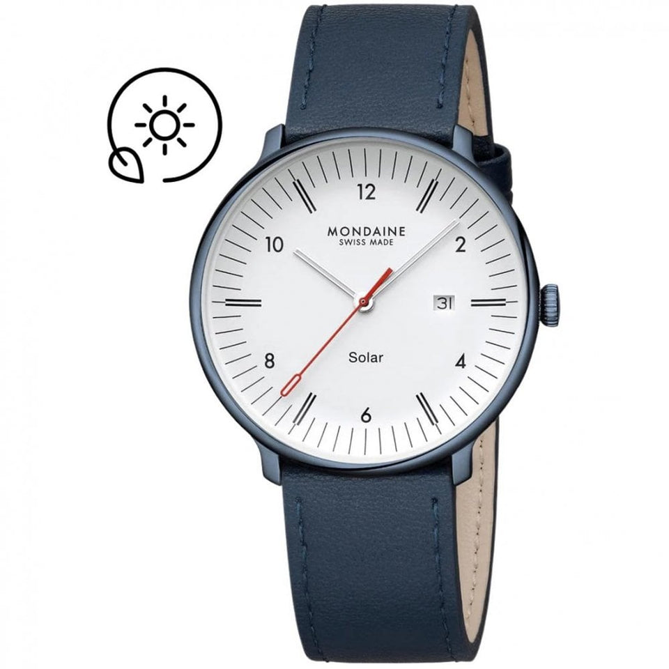 Mondaine Men's Doppio IP Blue Polished Solar Vegan Leather Watch