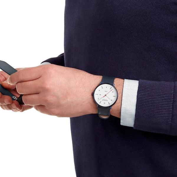 Mondaine Men's Doppio IP Blue Polished Solar Vegan Leather Watch