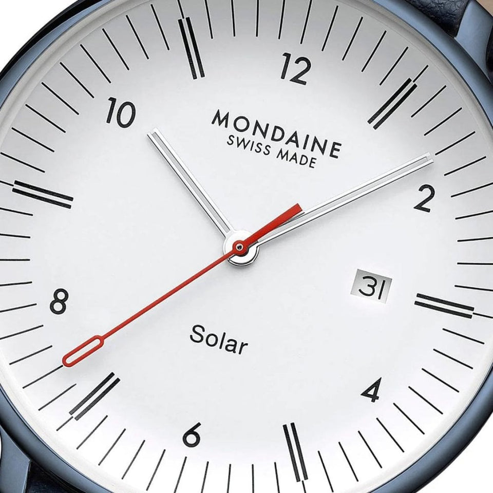 Mondaine Men's Doppio IP Blue Polished Solar Vegan Leather Watch
