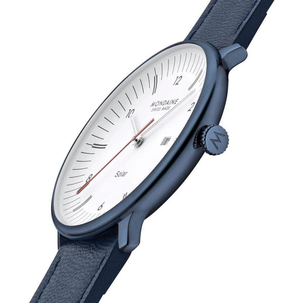 Mondaine Men's Doppio IP Blue Polished Solar Vegan Leather Watch