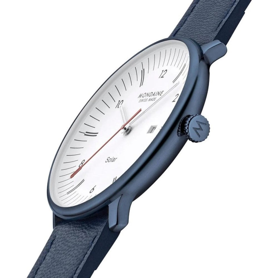 Mondaine Men's Doppio IP Blue Polished Solar Vegan Leather Watch