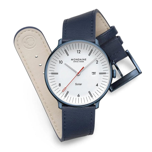 Mondaine Men's Doppio IP Blue Polished Solar Vegan Leather Watch