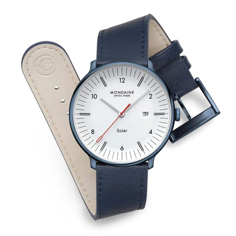 Mondaine Men's Doppio IP Blue Polished Solar Vegan Leather Watch
