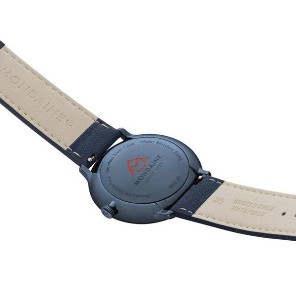 Mondaine Men's Doppio IP Blue Polished Solar Vegan Leather Watch