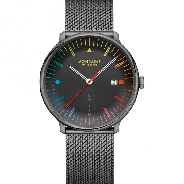 Mondaine Men's Doppio Multicoloured Black Dial Mesh Bracelet Watch