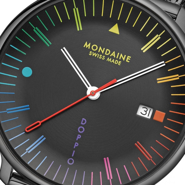 Mondaine Men's Doppio Multicoloured Black Dial Mesh Bracelet Watch