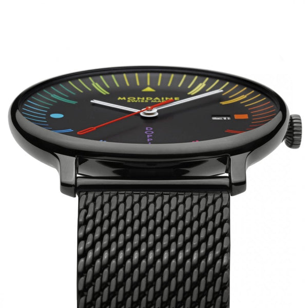 Mondaine Men's Doppio Multicoloured Black Dial Mesh Bracelet Watch