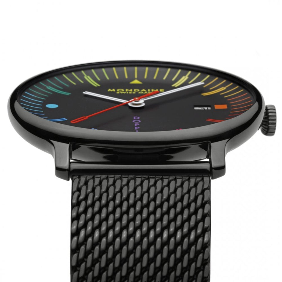 Mondaine Men's Doppio Multicoloured Black Dial Mesh Bracelet Watch
