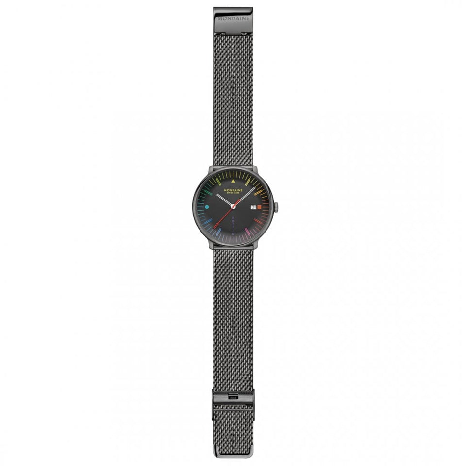 Mondaine Men's Doppio Multicoloured Black Dial Mesh Bracelet Watch