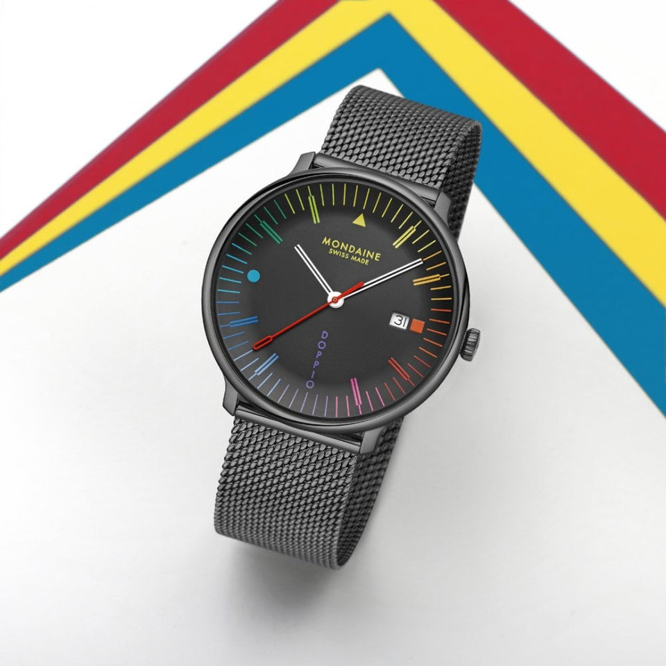 Mondaine Men's Doppio Multicoloured Black Dial Mesh Bracelet Watch
