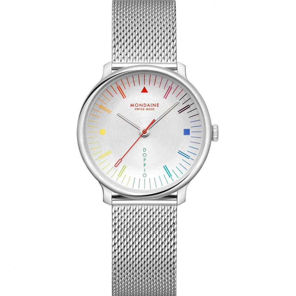 Mondaine Men's Doppio Multicoloured Silver Dial Mesh Bracelet