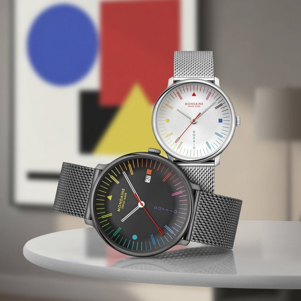 Mondaine Men's Doppio Multicoloured Silver Dial Mesh Bracelet