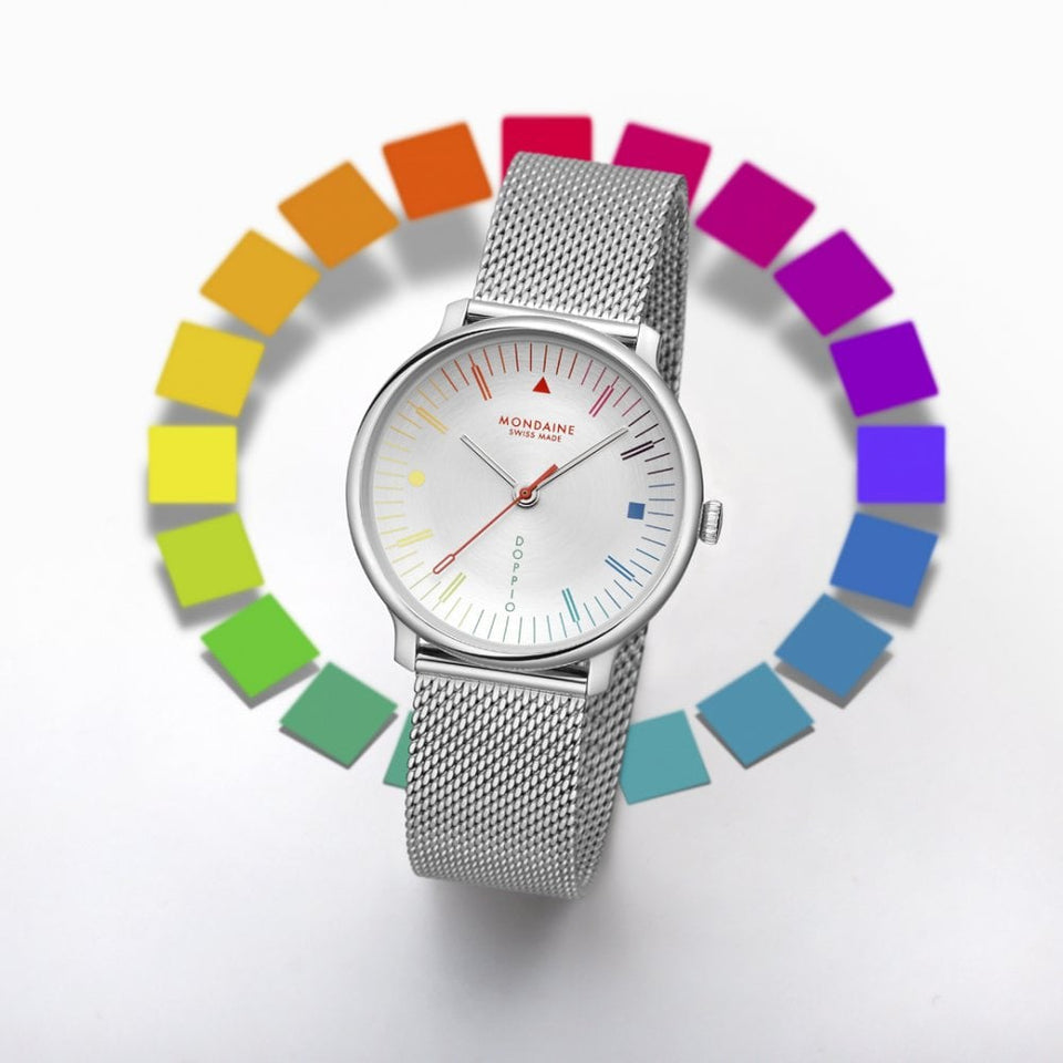 Mondaine Men's Doppio Multicoloured Silver Dial Mesh Bracelet