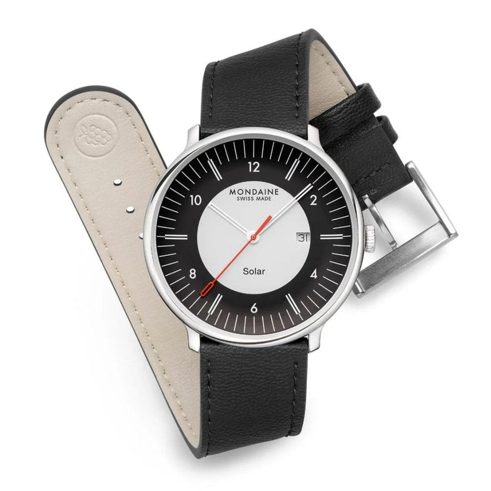 Mondaine Men's Doppio Solar Black & White Dial Vegan Leather Watch