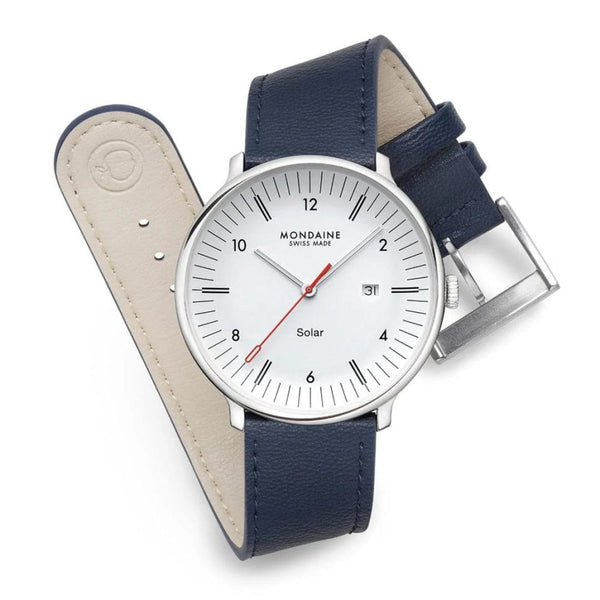 Mondaine Men's Doppio Solar Blue Vegan Leather Watch