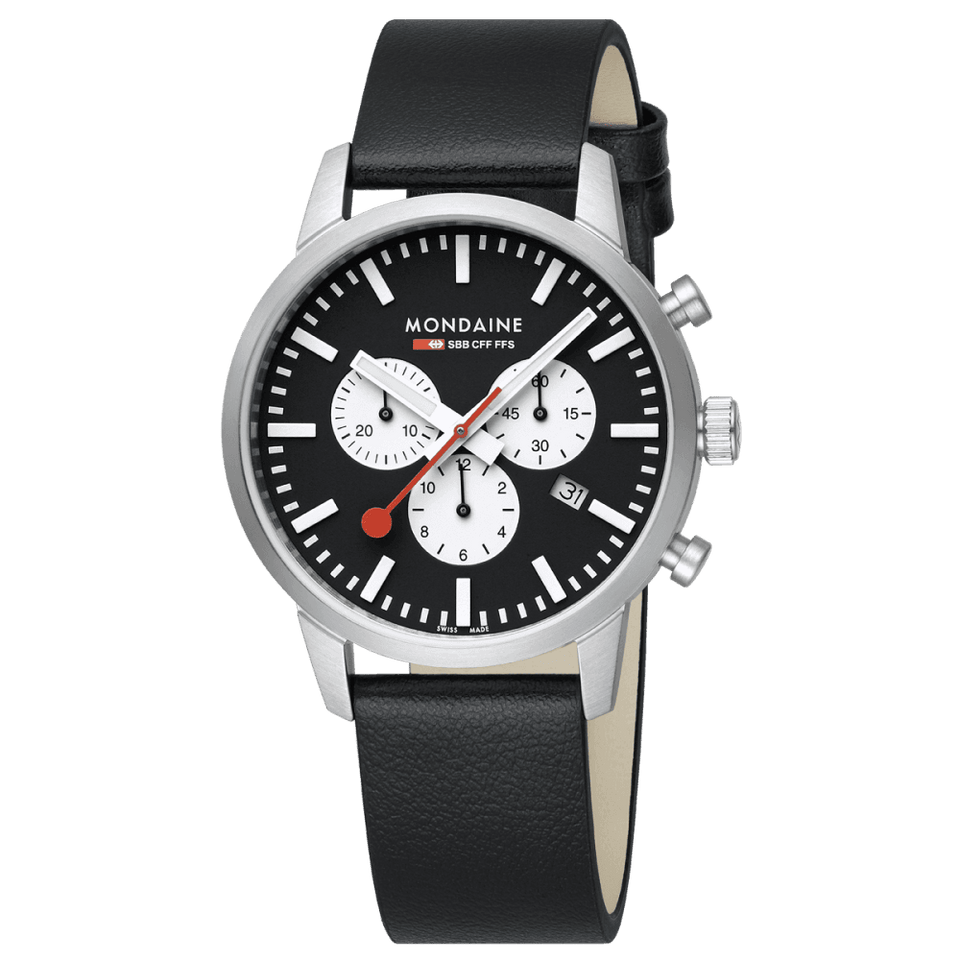 Mondaine Men's Neo Black Dial Chronograph 41mm Black Vegan Leather Strap Watch