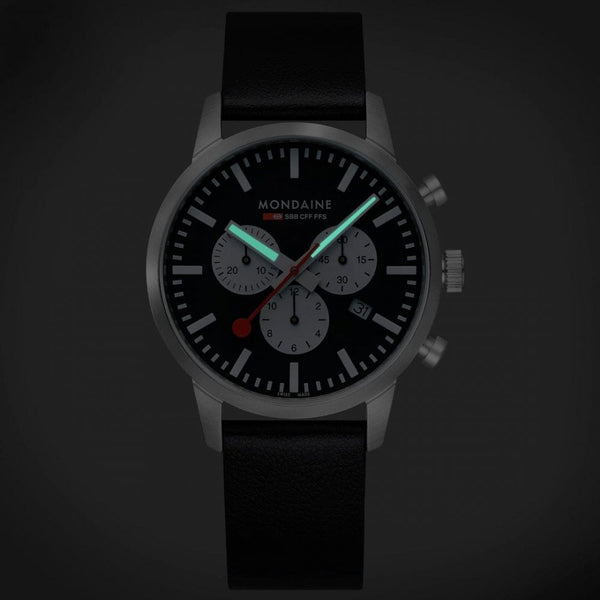 Mondaine Men's Neo Black Dial Chronograph 41mm Black Vegan Leather Strap Watch