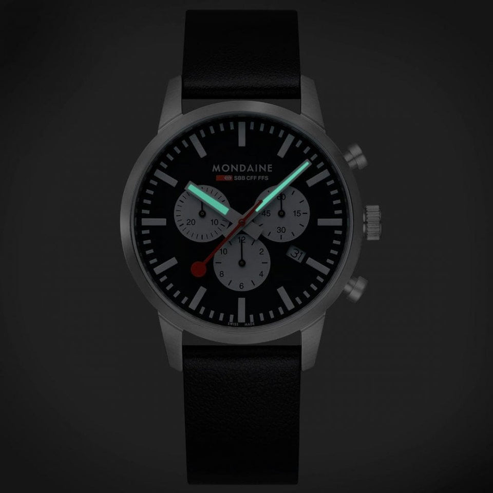 Mondaine Men's Neo Black Dial Chronograph 41mm Black Vegan Leather Strap Watch