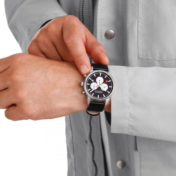 Mondaine Men's Neo Black Dial Chronograph 41mm Black Vegan Leather Strap Watch