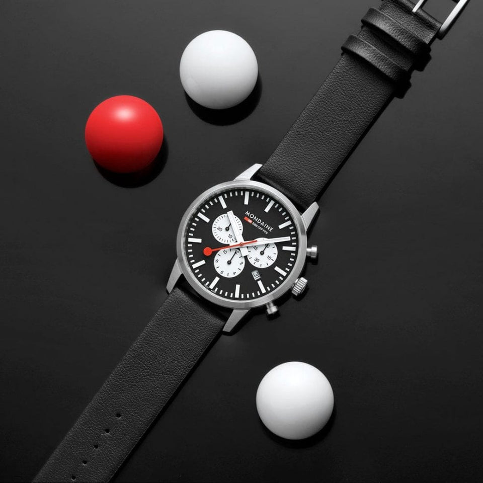 Mondaine Men's Neo Black Dial Chronograph 41mm Black Vegan Leather Strap Watch