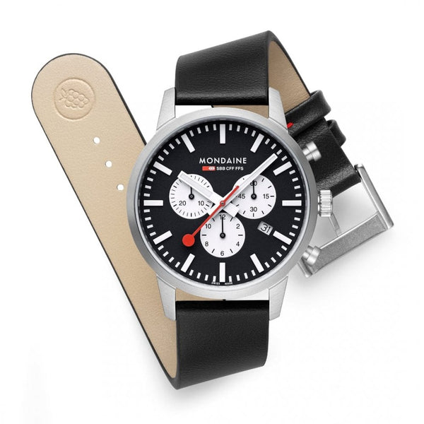Mondaine Men's Neo Black Dial Chronograph 41mm Black Vegan Leather Strap Watch