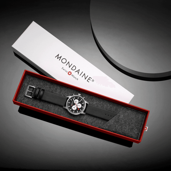 Mondaine Men's Neo Black Dial Chronograph 41mm Black Vegan Leather Strap Watch