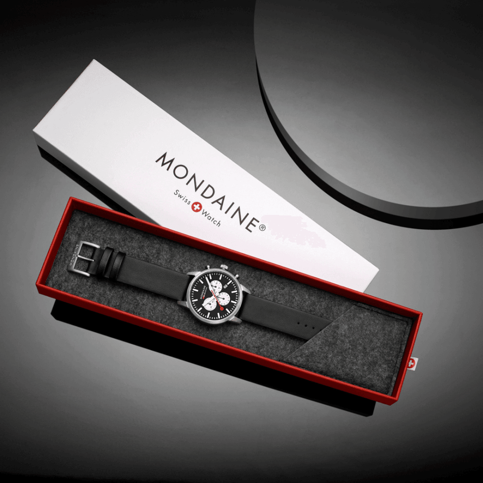 Mondaine Men's Neo Black Dial Chronograph 41mm Black Vegan Leather Strap Watch