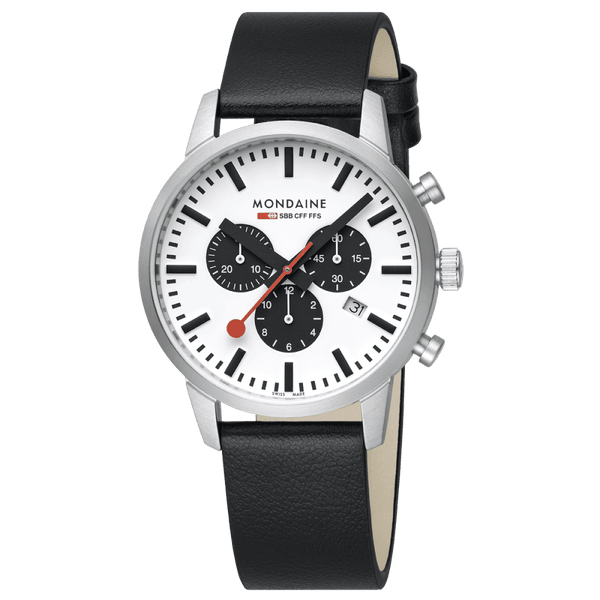 Mondaine Men's Neo Chronograph White Dial 41mm Black Vegan Leather Strap Watch