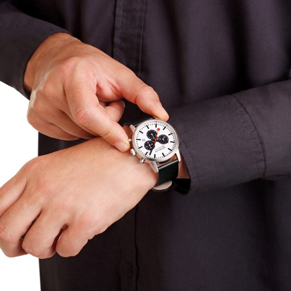 Mondaine Men's Neo Chronograph White Dial 41mm Black Vegan Leather Strap Watch