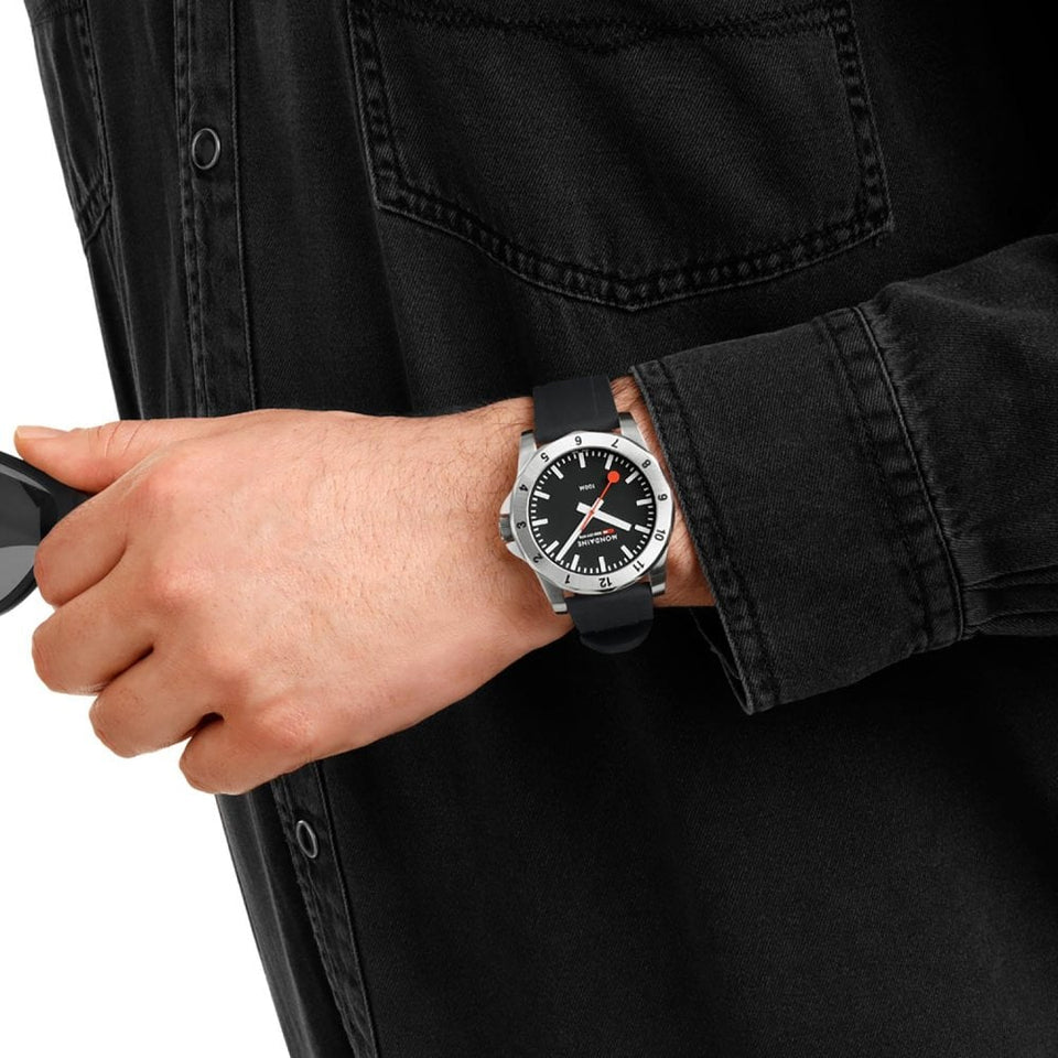 Mondaine Men's Numeri 42mm Black Dial Silicone Strap Watch