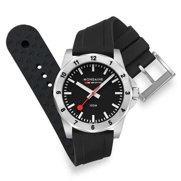 Mondaine Men's Numeri 42mm Black Dial Silicone Strap Watch