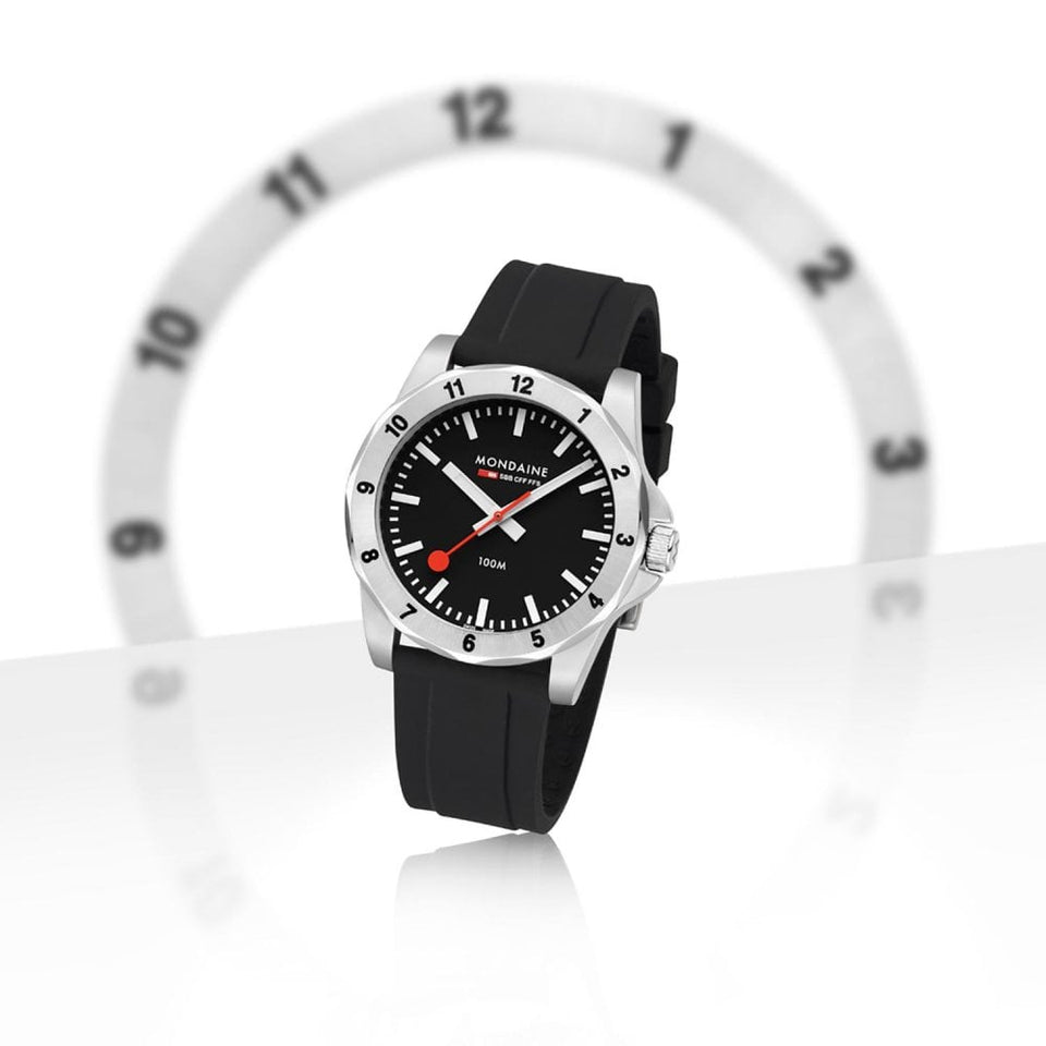 Mondaine Men's Numeri 42mm Black Dial Silicone Strap Watch