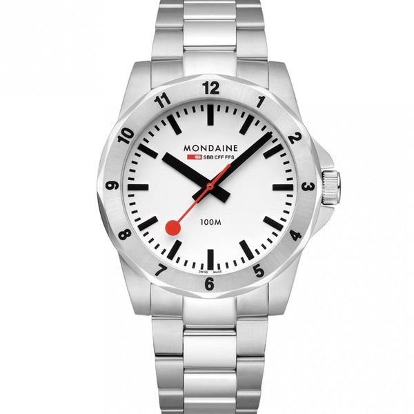 Mondaine Men's Numeri 42mm White Dial Stainless Steel Bracelet Watch