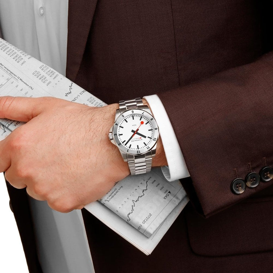 Mondaine Men's Numeri 42mm White Dial Stainless Steel Bracelet Watch