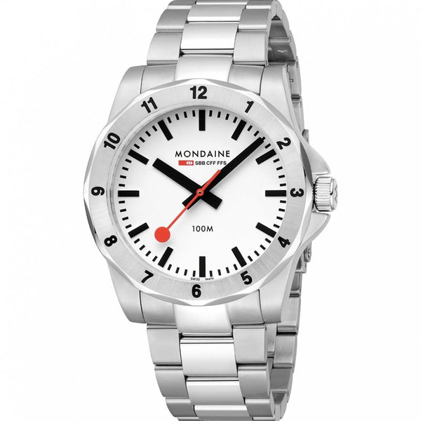 Mondaine Men's Numeri 42mm White Dial Stainless Steel Bracelet Watch
