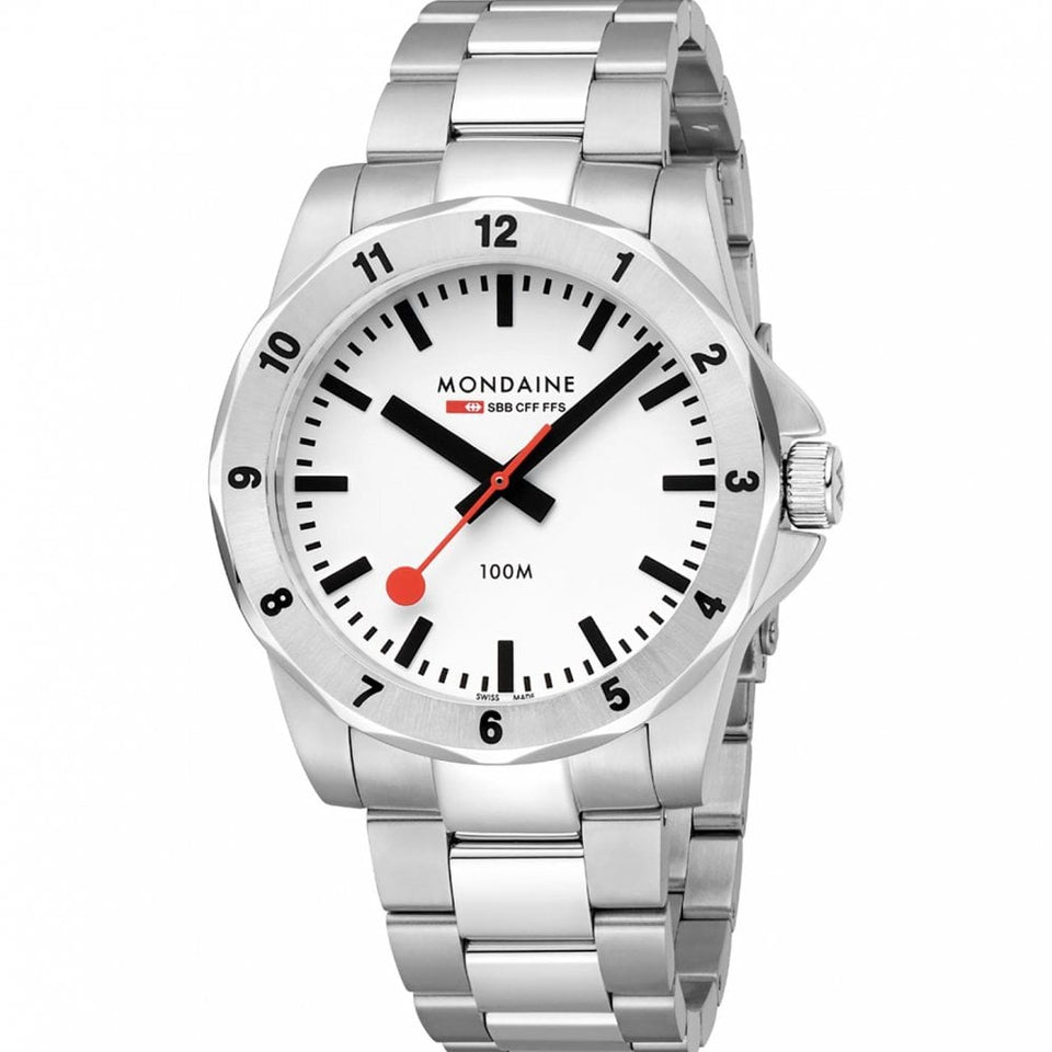 Mondaine Men's Numeri 42mm White Dial Stainless Steel Bracelet Watch
