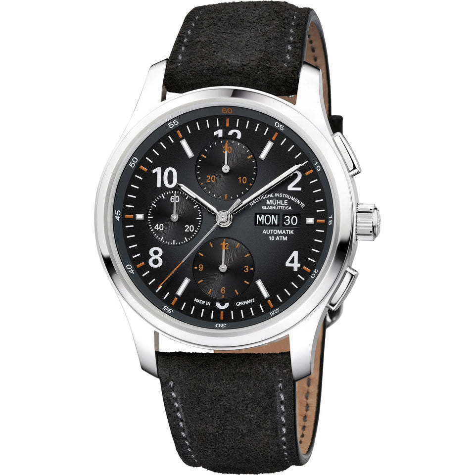 Mühle Glashütte Lunova Chronograph Black Dial Suede Strap 42mm Automatic Watch