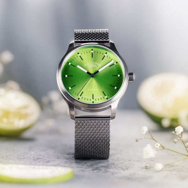 Mühle Glashütte Panova Lime 40mm Grey Suede Strap Automatic Watch