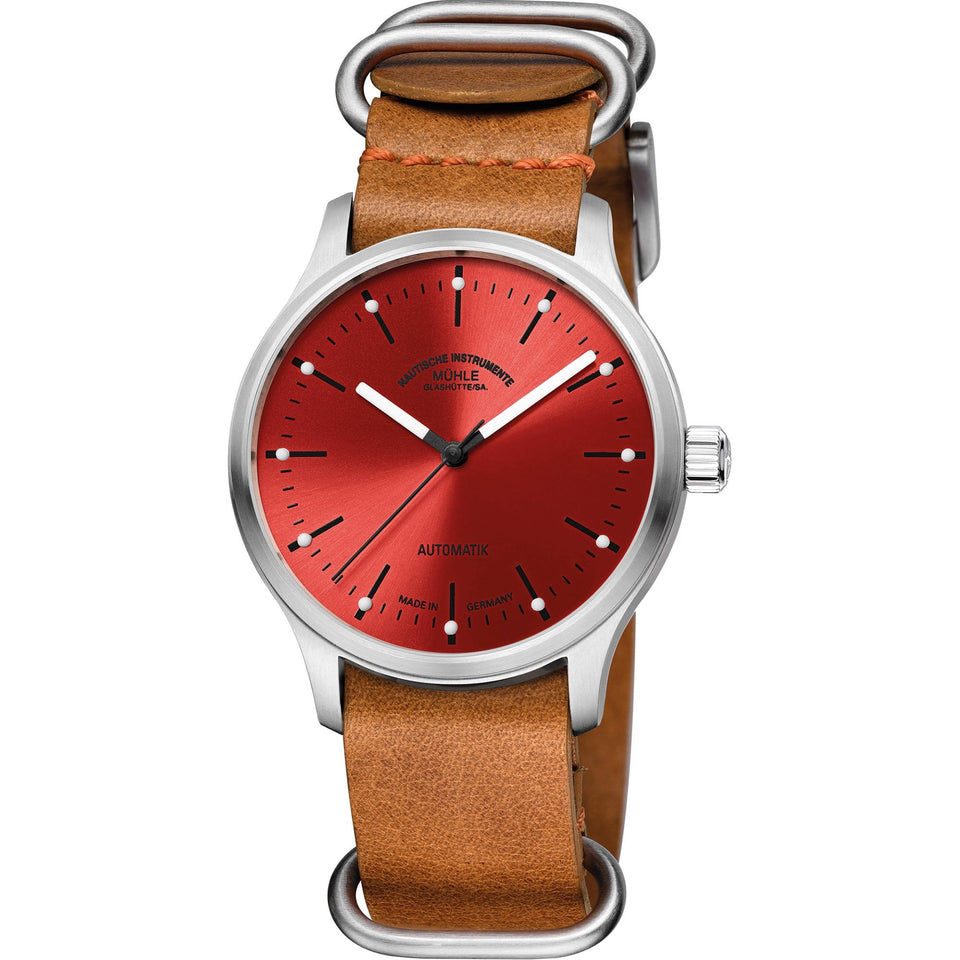 Mühle Glashütte Panova Red 40mm Automatic Nato Leather Strap Watch